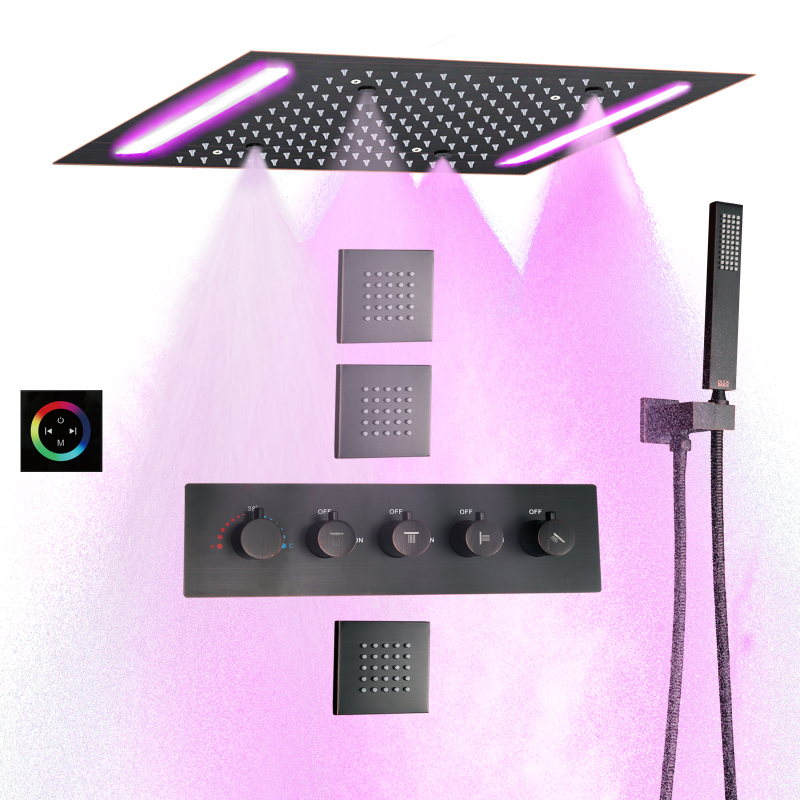 مجموعة دش الأمطار البرونزية المطلية بالزيت لغرف الحمام مع لوحة LED الحديثة 14 × 20 بوصة رأس دش كهربائي Ceil Rain