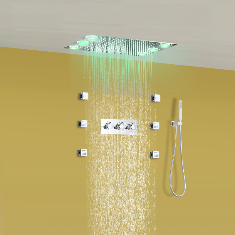 رأس دش مطري غائر، مجموعة دش مربعة LED، 6 نفاثات للجسم، 304 ملحقات حمام من الفولاذ المقاوم للصدأ، دش يدوي