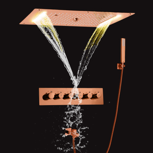 رأس دش LED ترموستاتي مطر ذهبي وردي، مجموعة دش سقف مخفي مع جهاز محمول باليد