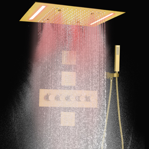 نظام دش حمام مطر ذهبي مصقول ترموستاتي 14 × 20 بوصة مثبت على السقف LED رأس دش نحاسي للجسم سبا جيتس