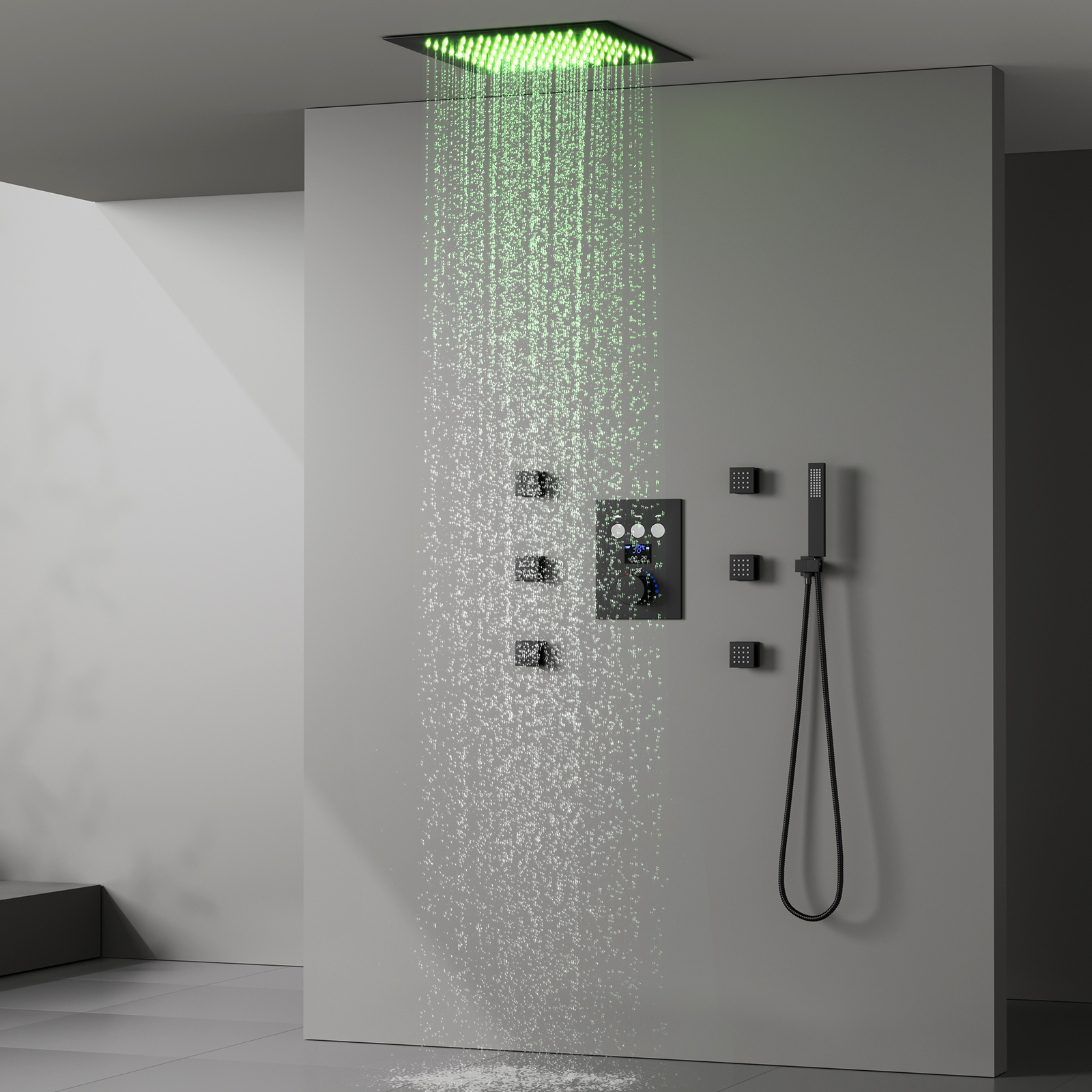 ترموستات 64 لون LED نظام دش المطر 3 أزرار وظيفة العرض الرقمي مجموعة صمامات الدش الصنبور