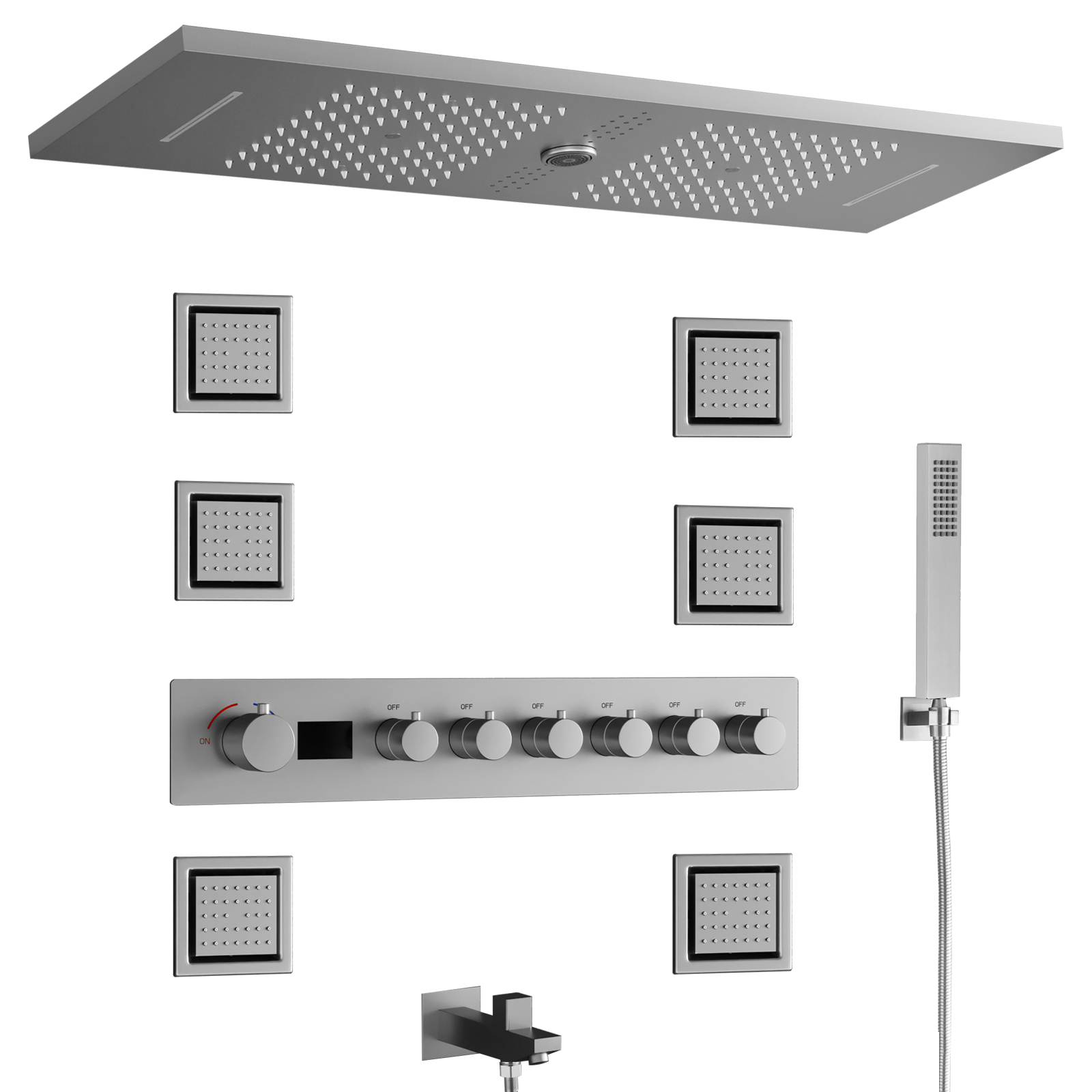 رأس دش LED مثبت على السقف مع مكبر صوت موسيقي مدمج، ونظام صمام دش بشاشة رقمية، ومجموعة صنبور دش الحمام