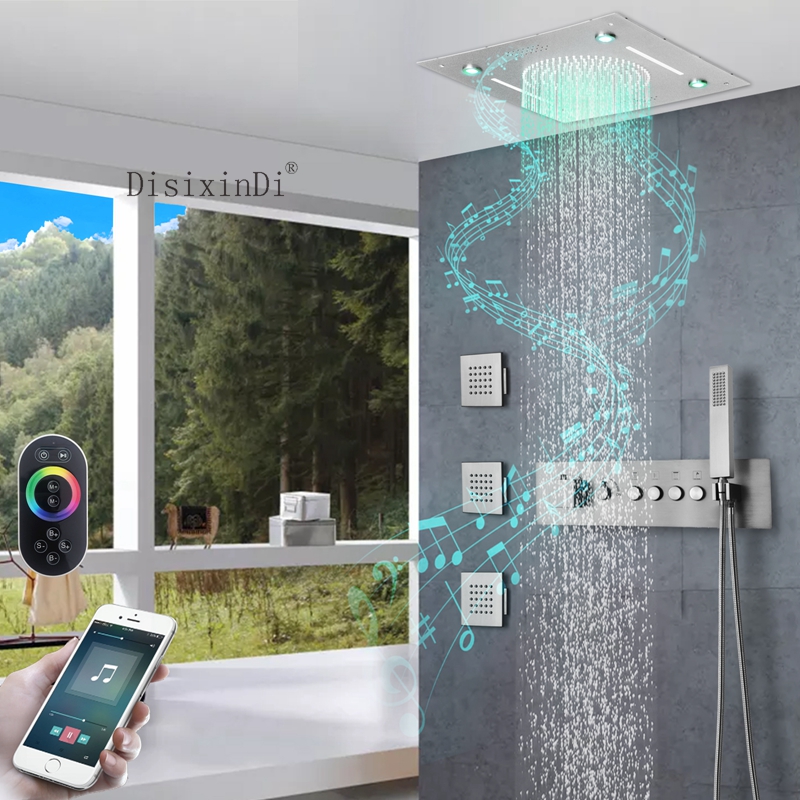 304 الفولاذ المقاوم للصدأ 400*400 مللي متر LED الموسيقى دش رئيس تضمين السقف زر ثرموستاتي الجسم الرئيسي الحمام دش صنبور مجموعة
