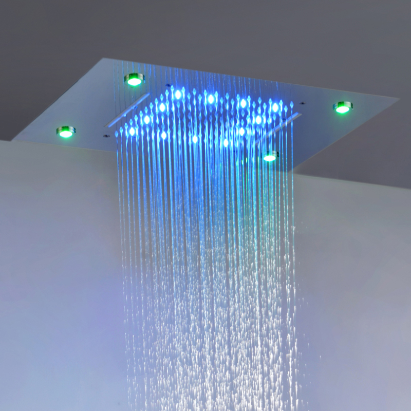 الكروم المصقول دش الحنفيات 50X36 سم LED الحمام ثنائي الوظيفة شلال الأمطار مع 3 تغيير درجة حرارة اللون
