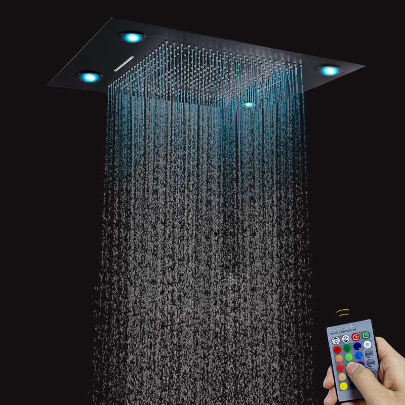 ماتي الأسود 80X60 سم الحمام متعددة الوظائف رأس دش مع التحكم LED عن بعد لوحة دش شلال التفتيت فقاعة