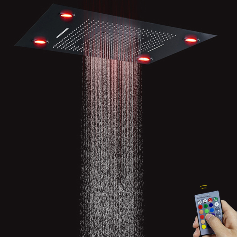 ماتي الأسود 80X60 سم الحمام متعددة الوظائف رأس دش مع التحكم LED عن بعد لوحة دش شلال التفتيت فقاعة