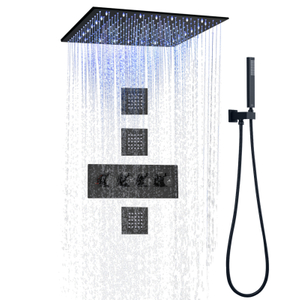 ماتي الأسود دش ثرموستاتي الحنفيات مجموعة 20 بوصة LED سقف الحمام دش الأمطار مع فوهة باليد