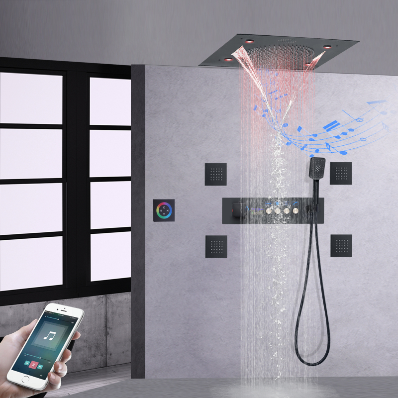 500*500 مللي متر ماتي الأسود نظام دش ثرموستاتي شاشة ديجيتال دش لوحة LED الحمام مع وظيفة الموسيقى رئيس دش
