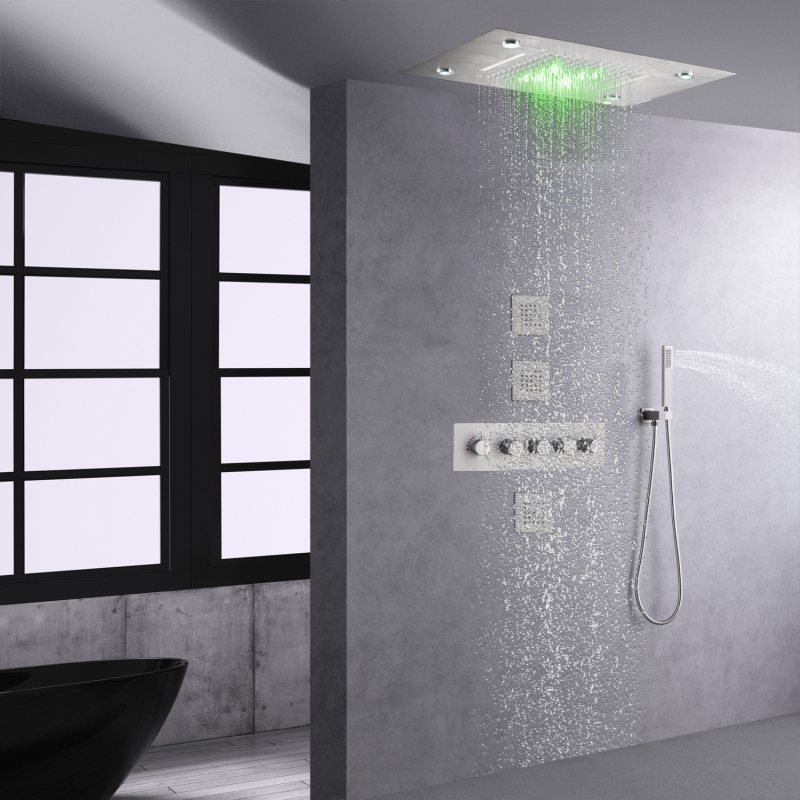 مجموعة دش LED من النيكل المصقول مع شلال مطر ثرموستاتي مع صنابير حمام ودش محمولة باليد