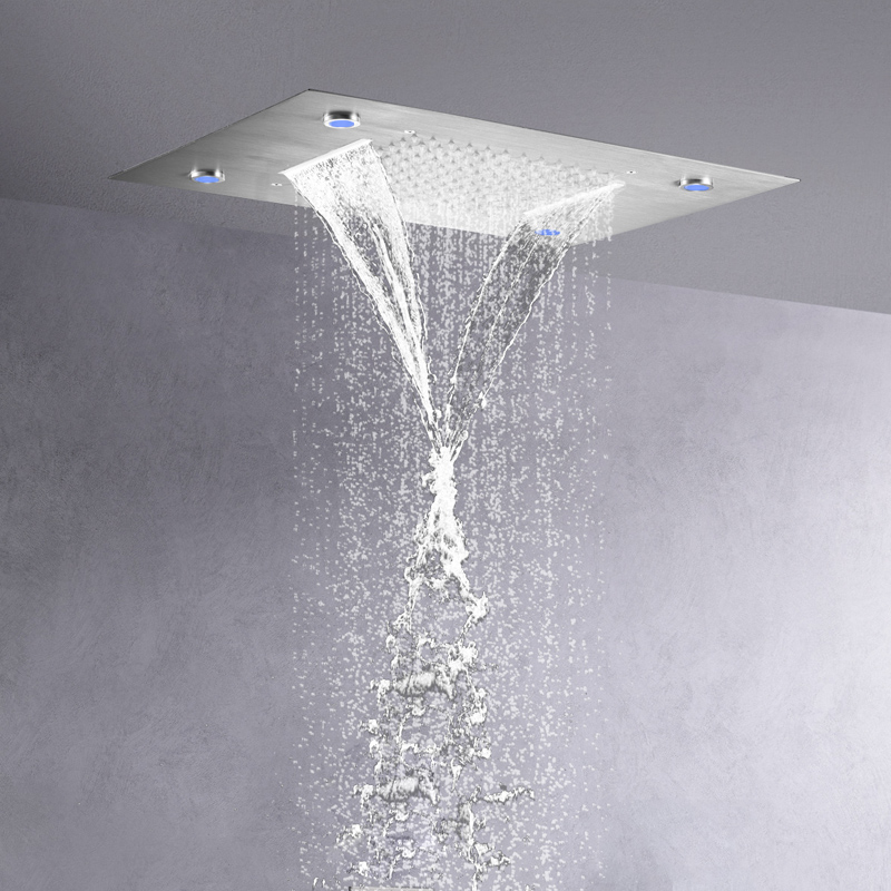 الموضة نحى النيكل 50X36 سم دش خلاط LED 7 ألوان الحمام ثنائي الوظيفة أنظمة شلال الأمطار
