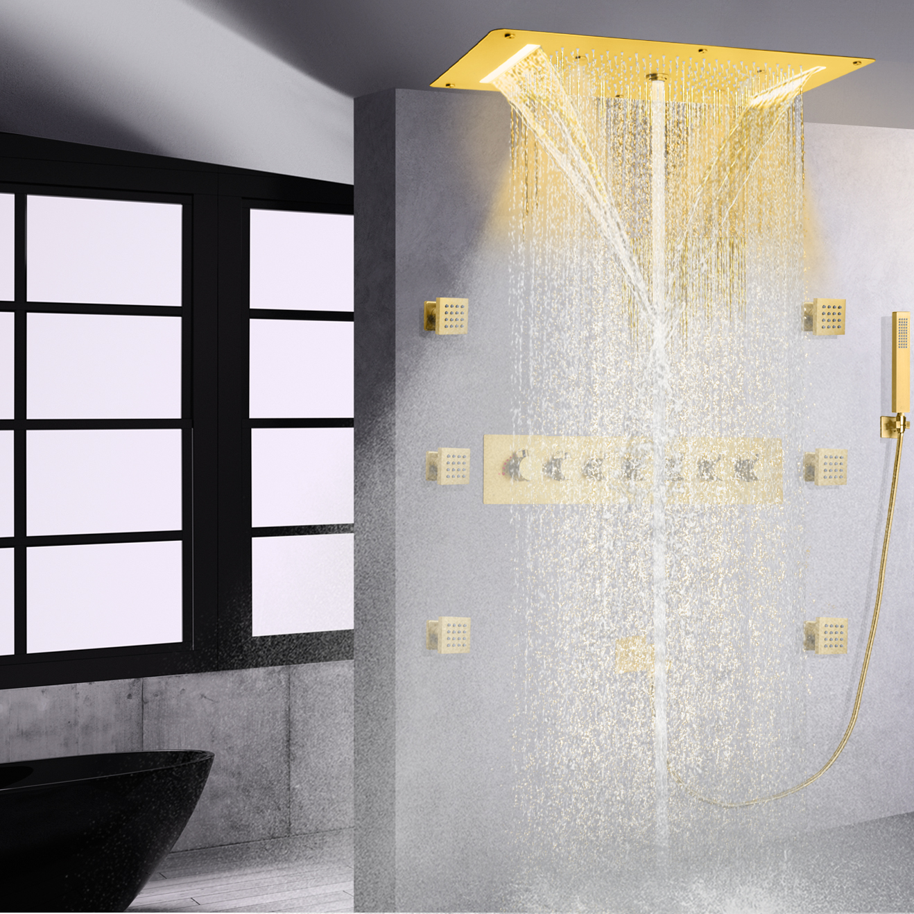 نحى الذهب LED ثرموستاتي دش الحمام مجموعة الأمطار أخفى نظام الدش يده حوض صنبور