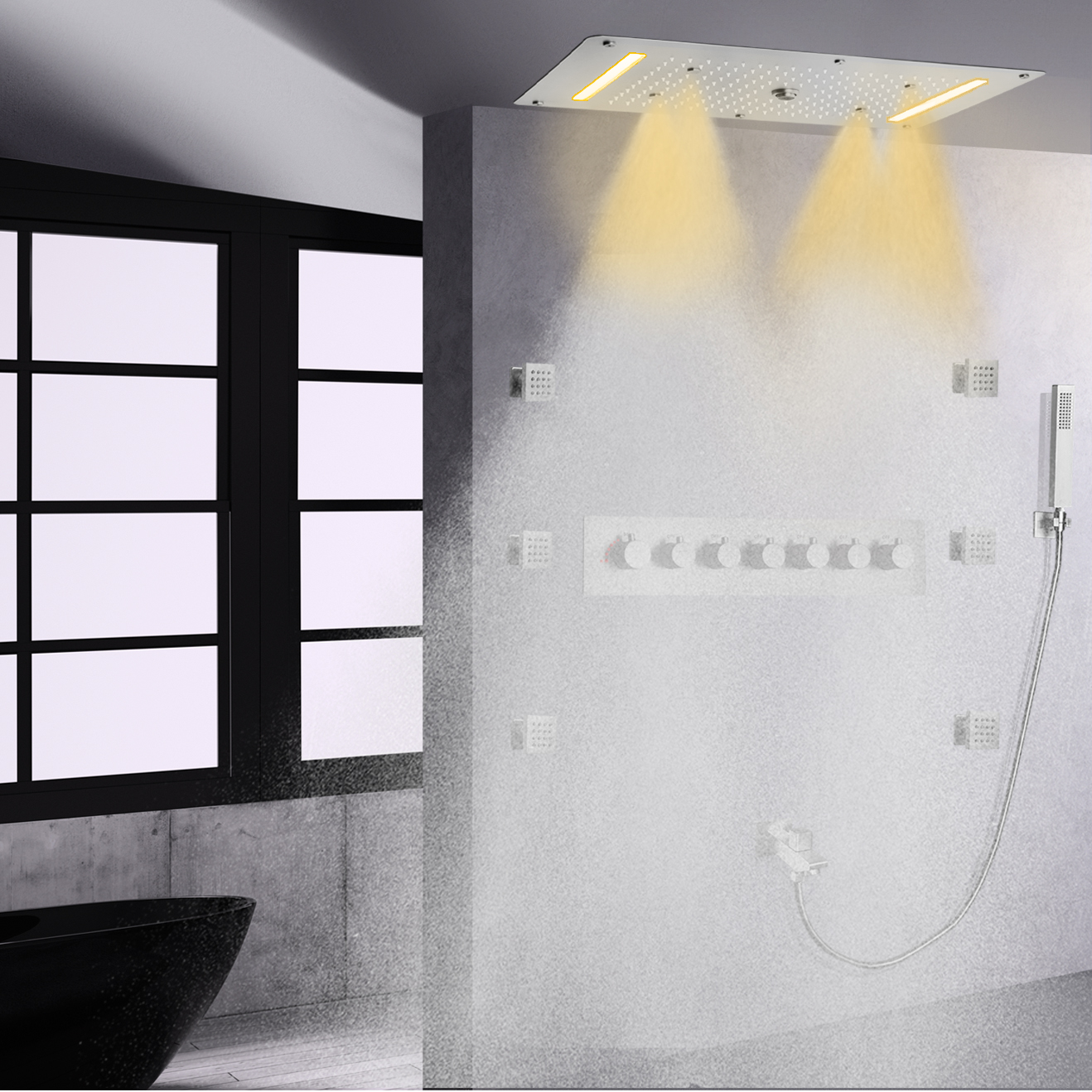 نظام دش ترموستاتي من النيكل المصقول، تدفق عالي LED، فقاعة حمام ضباب شلال المطر مع دش الجسم النفاث