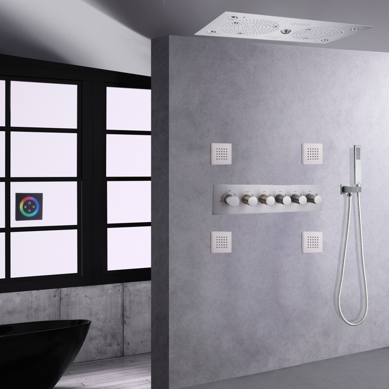 نظام دش ثرموستاتي من النيكل المصقول مجموعة 620*320 مللي متر LED الحمام مع الموسيقى متعددة الوظائف تدليك كامل الاستحمام دش
