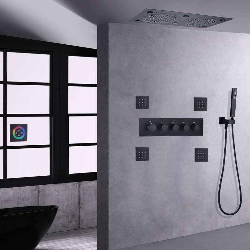 ماتي الأسود دش ثرموستاتي خلاط مجموعة 24 * 12 بوصة LED الحمام متعدد الوظائف الأمطار نظام دش مخفي