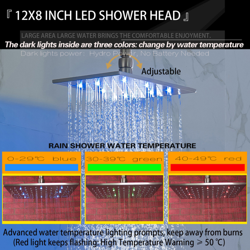 رأس دش من النيكل المصقول 28 × 18 سم LED 3 درجات حرارة ملونة متغيرة للحمام على الحائط ودش هطول الأمطار