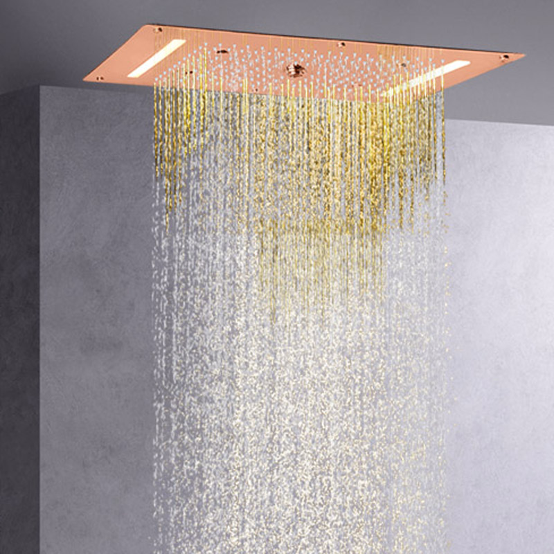 رأس دش ذهبي وردي مقاس 70 × 38 سم LED حمام شلال هطول الأمطار دش تدليك الفقاعات