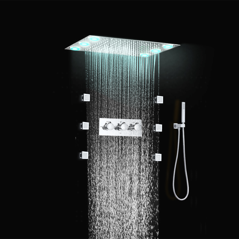 رأس دش مطري غائر، مجموعة دش مربعة LED، 6 نفاثات للجسم، 304 ملحقات حمام من الفولاذ المقاوم للصدأ، دش يدوي