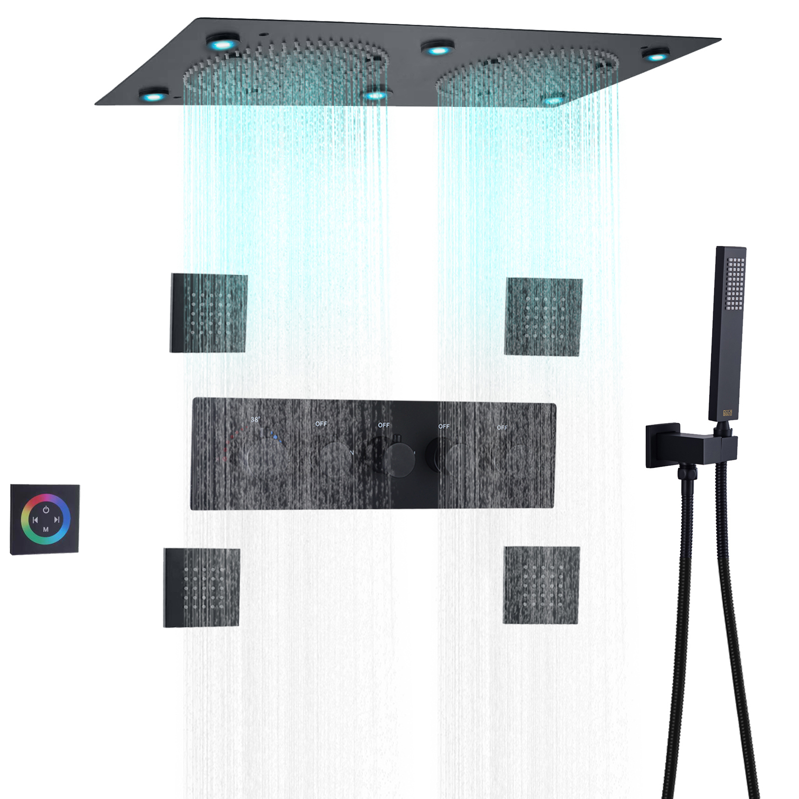 ماتي الأسود LED الحمام دش ثرموستاتي خلاط ارتفاع تدفق الأمطار سقف نظام الدش