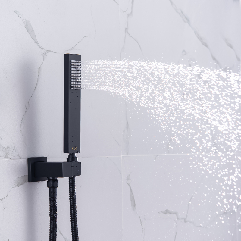 مجموعة كومبو للاستحمام باللون الأسود غير اللامع مقاس 14 × 20 بوصة رأس دش LED من النحاس دش ضباب ثرموستاتي