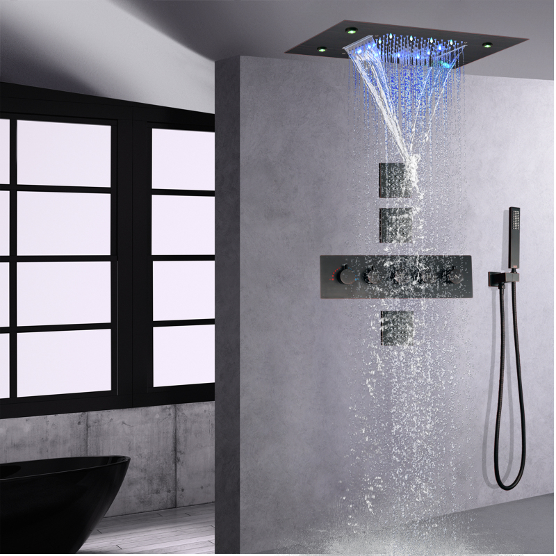 نظام دش مطر LED برونزي مفروك بالزيت يتضمن شلال مطر للحمام مع مقبض يدوي