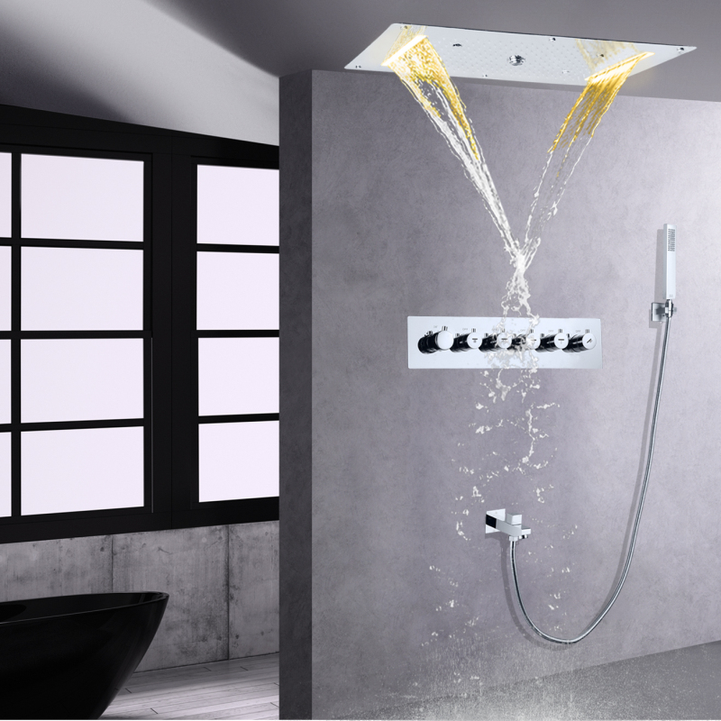 نظام دش حوض الاستحمام الحراري 700X380 ملم شلال رذاذ فقاعة المطر LED حمام دش الرأس مع يده