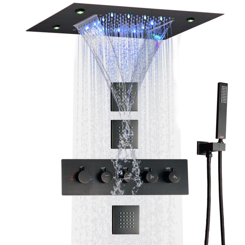 النفط مفروك البرونزية ثرموستاتي دش صنبور حمام دش مجموعة نظام 14X20 بوصة LED شلال هطول الأمطار رأس دش
