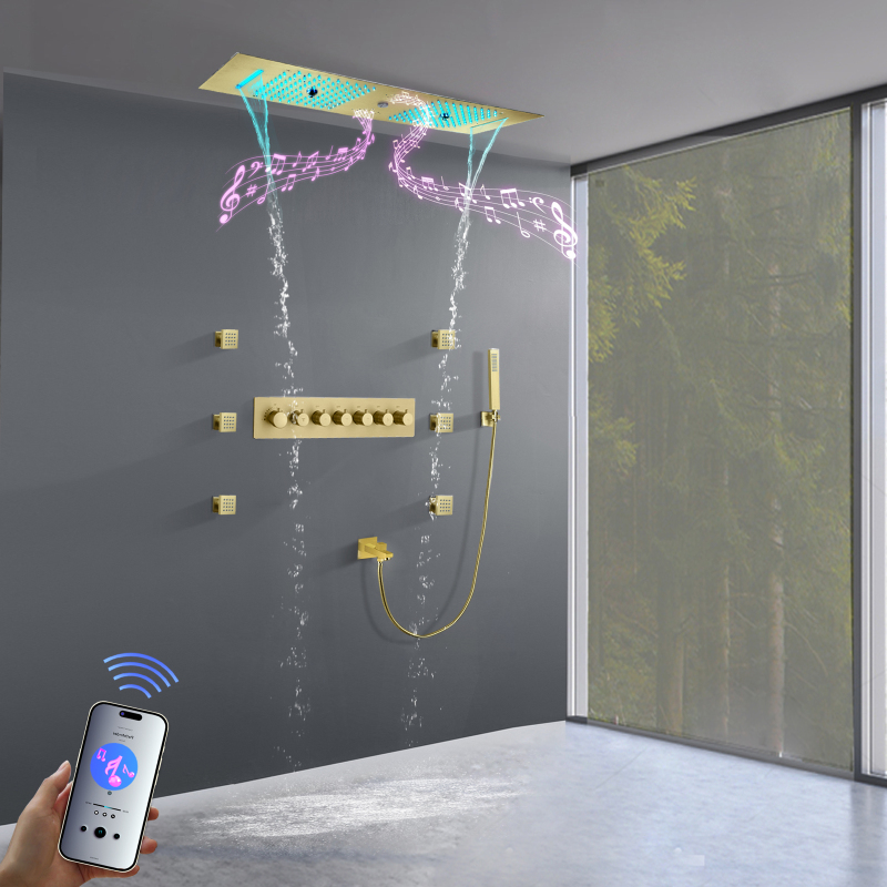 تدفق كبير دش الاستحمام متعددة الوظائف LED الموسيقى الأمطار دش جناح نظام التدليك تصريف المياه الذهب حوض الاستحمام عمود دوُش استحمام