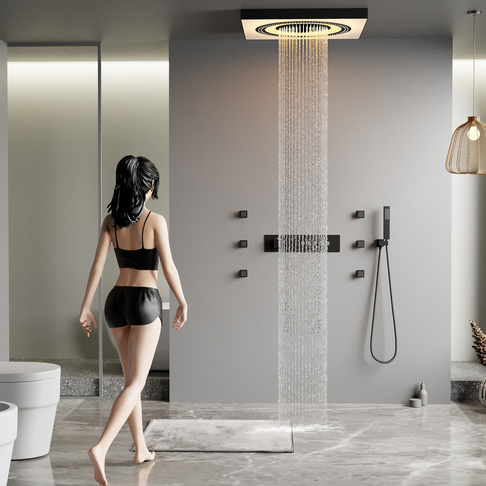 التحكم عن بعد LED رأس دش جديد زر الموسيقى العرض الرقمي رأس دش المطر مجموعة النحاس