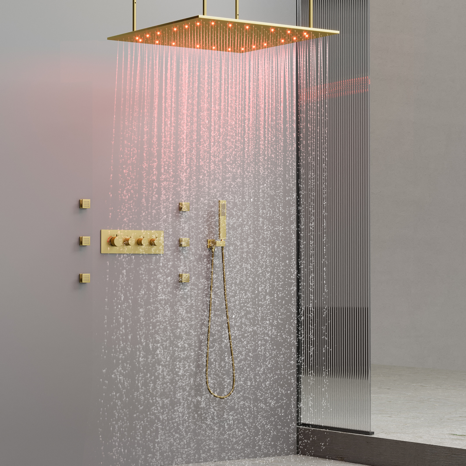 نحى الذهب نظام دش فاخر المطر Led رأس دش سقف المطر دش صمام خلط ثرموستاتي بخاخ محمول