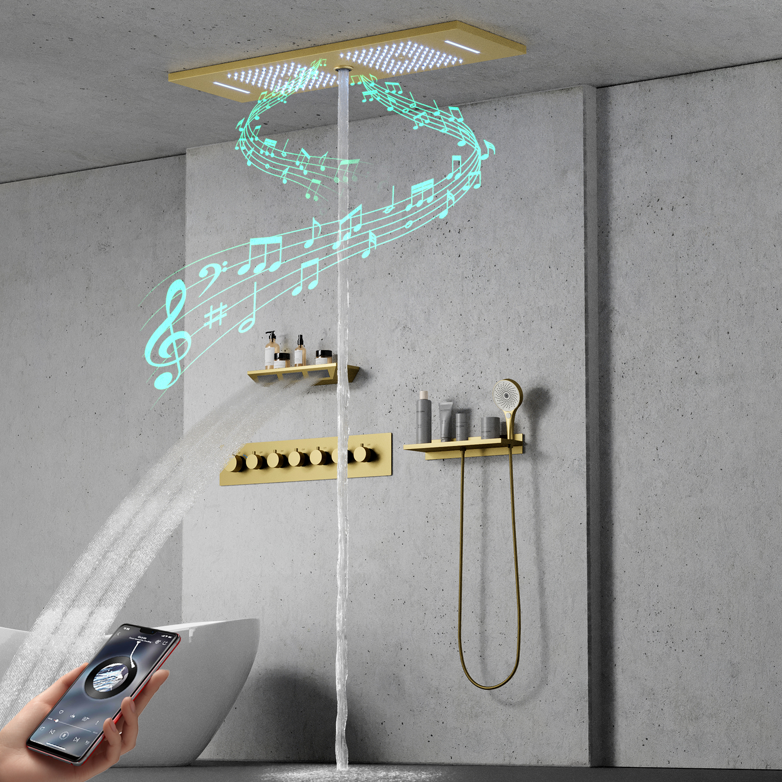 الحمام صغار شلال دش ثرموستاتي صنبور مع دش الجسم رأس دش والموسيقى وظيفة دش المطر LED رأس دش