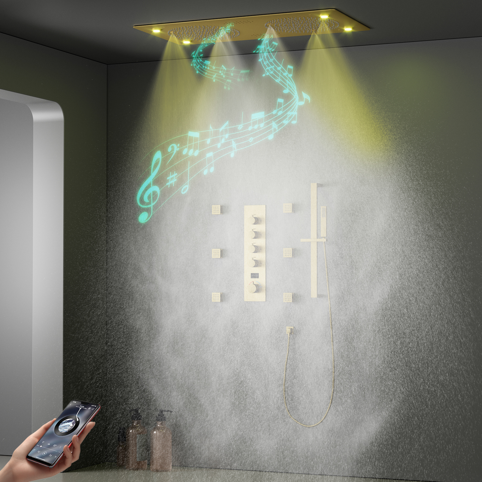 نحى الذهب LED الموسيقى دش سقف المطر نظام خلاط دش ثرموستاتي مع 6 قطع الجسم الطائرات