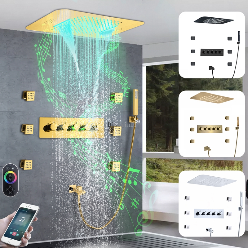 Ti Gold الحمام هطول الأمطار شلال LED صنبور دش ثرموستاتي مع دش الجسم جيت ورأس دش وظيفة الموسيقى