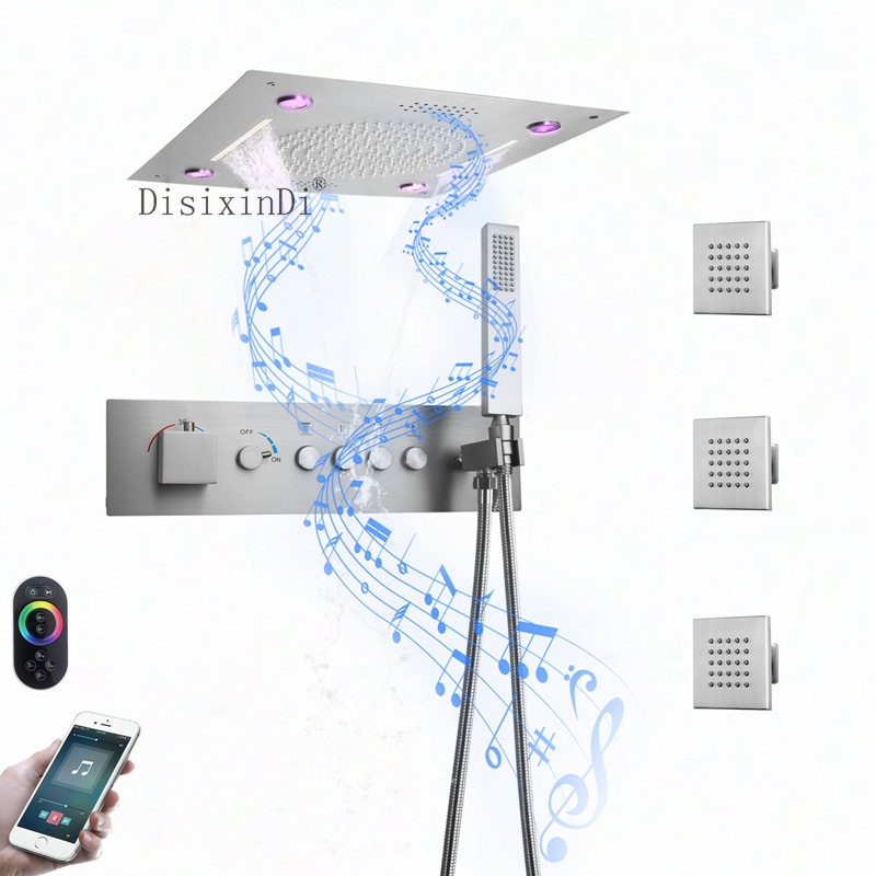 304 الفولاذ المقاوم للصدأ 400*400 مللي متر LED الموسيقى دش رئيس تضمين السقف زر ثرموستاتي الجسم الرئيسي الحمام دش صنبور مجموعة
