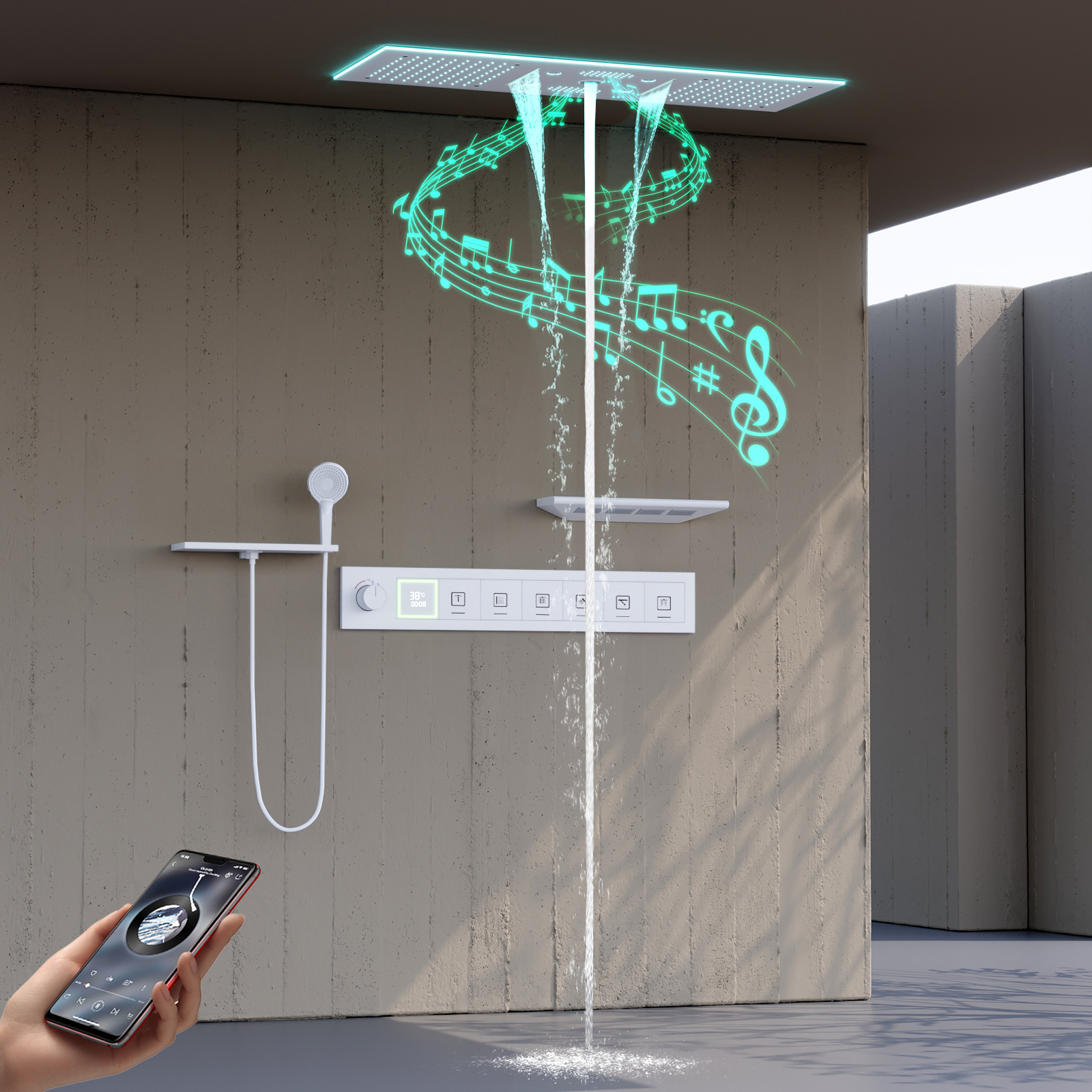 90X30CM الموسيقى LED دش سماعات رأس هطول الأمطار شلال الضباب الحمام درجة حرارة ثابتة دش صنبور