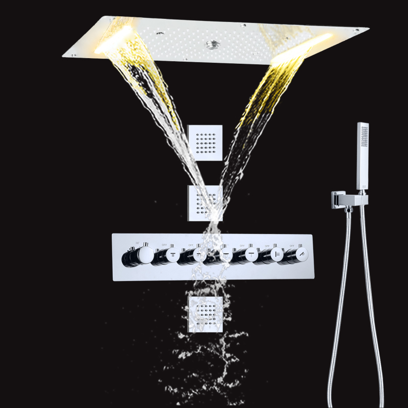 مجموعة دش هطول الأمطار الترموستاتي من الكروم مقاس 700 × 380 مم LED نظام دش مخفي للحمام الفاخر