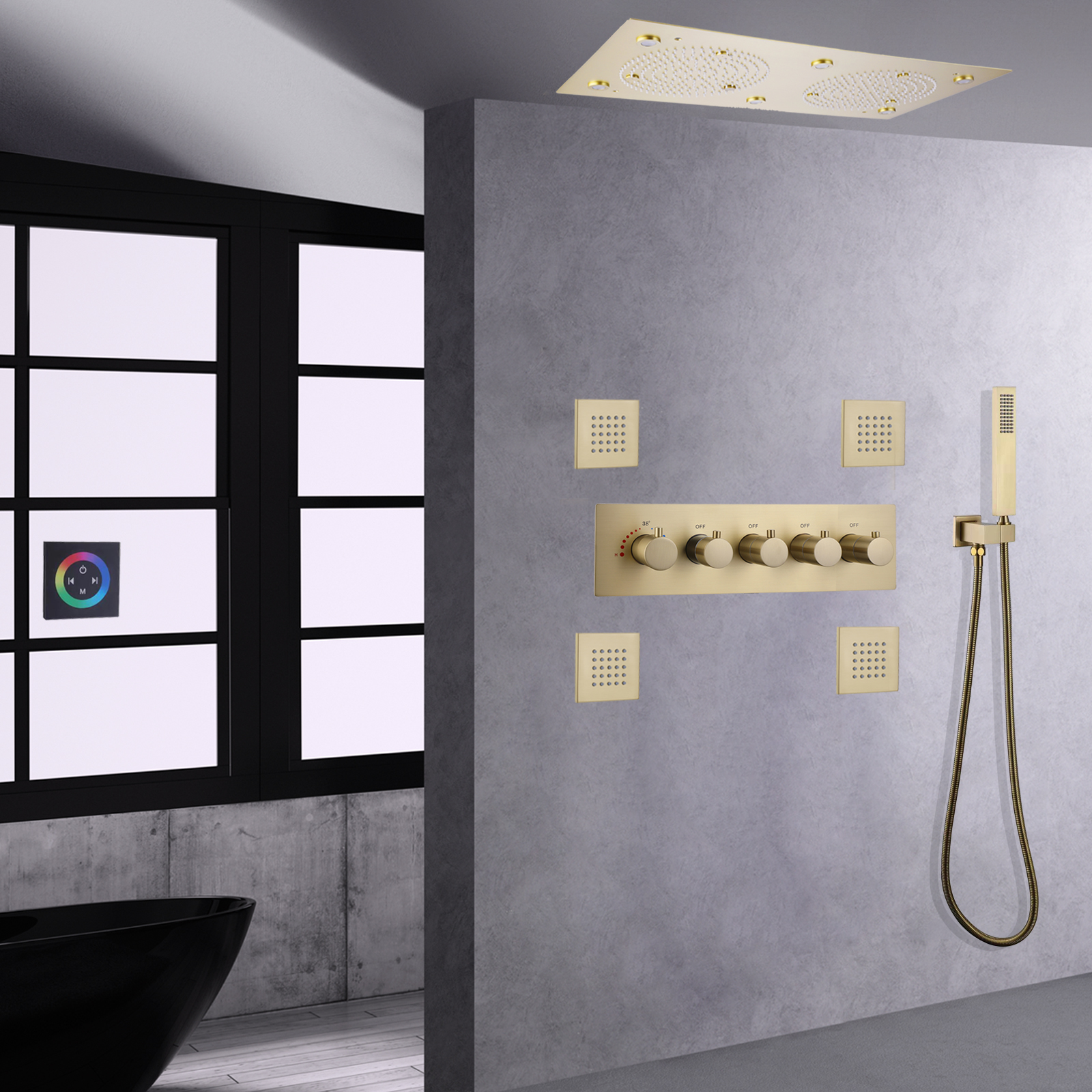 حمام LED ترموستاتي مصقول ذهبي مثبت على الحائط مزدوج بيبكوك مطر ضباب هيدرو جت تدليك