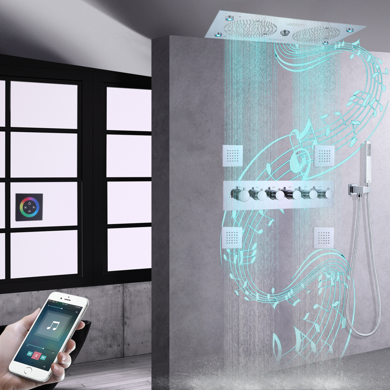 مجموعة خلاط دش ثرموستاتي مصقول بالكروم 620 * 320 مم LED مع ميزات الموسيقى نظام الدش المخفي في الحمام