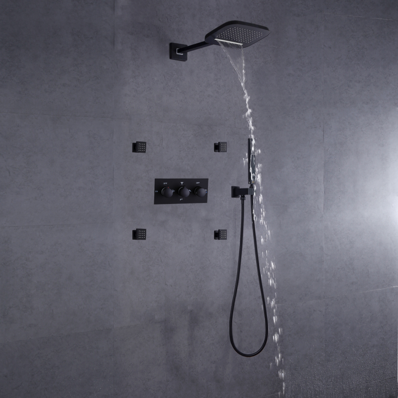 دش مطري للحمام يُثبت على الحائط، مجموعة دش مطري شلال أسود غير لامع من النحاس البارد والساخن