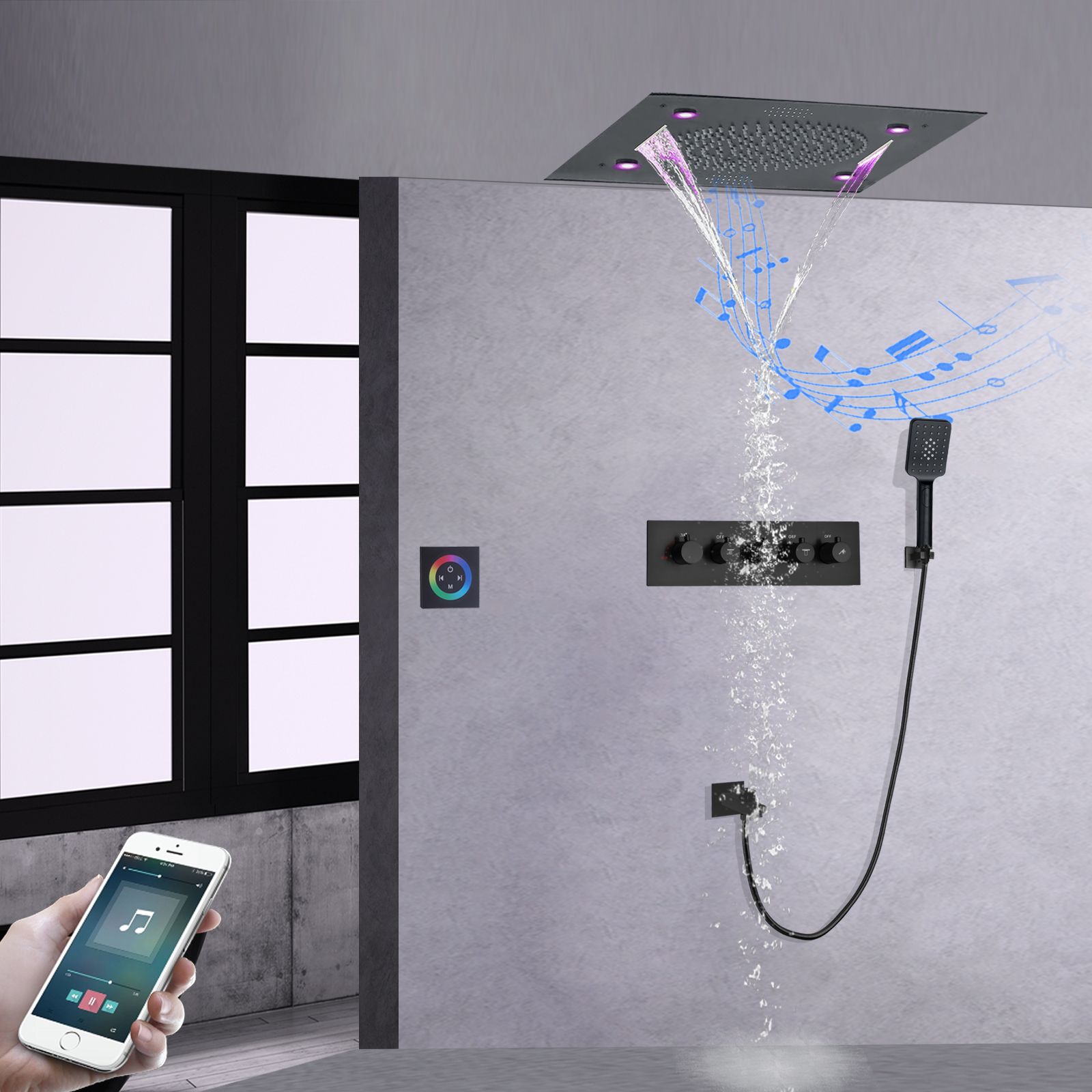 ثرموستاتي الحمام 24 بوصة دش مجموعة أخفى السقف الأمطار 304sus شلال الموسيقى LED رأس دش لمجموعة التدليك