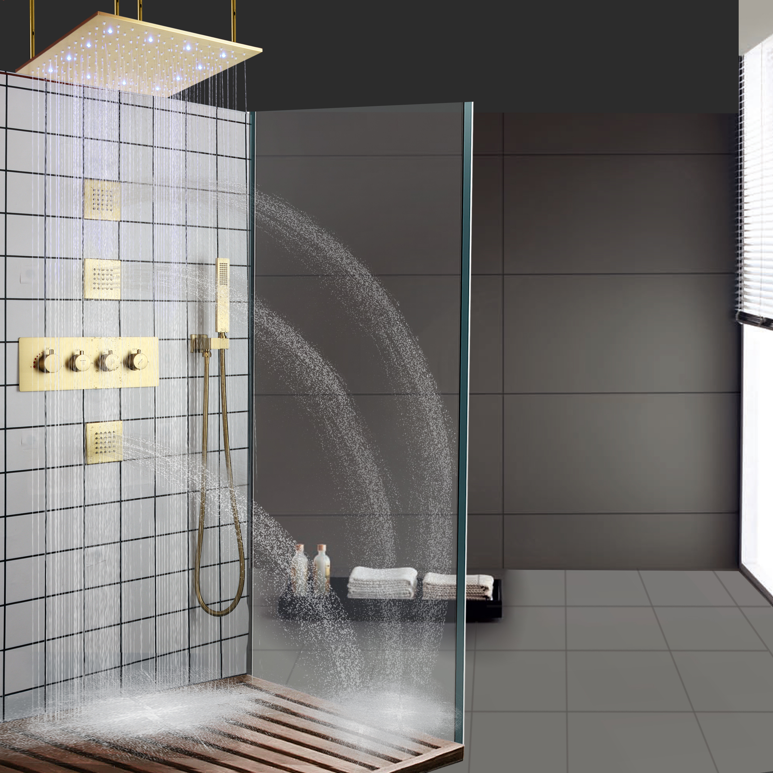 16 بوصة نحى الذهب الفاخرة تصميم حمام الحنفية ثرموستاتي الأمطار LED يده الدوش مجموعة دش