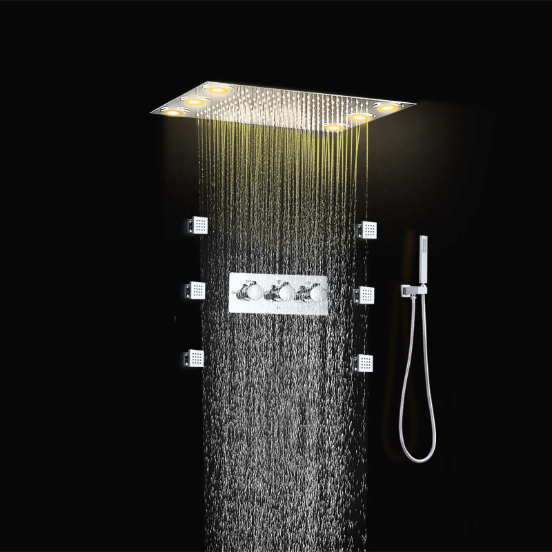 رأس دش مطري غائر، مجموعة دش مربعة LED، 6 نفاثات للجسم، 304 ملحقات حمام من الفولاذ المقاوم للصدأ، دش يدوي