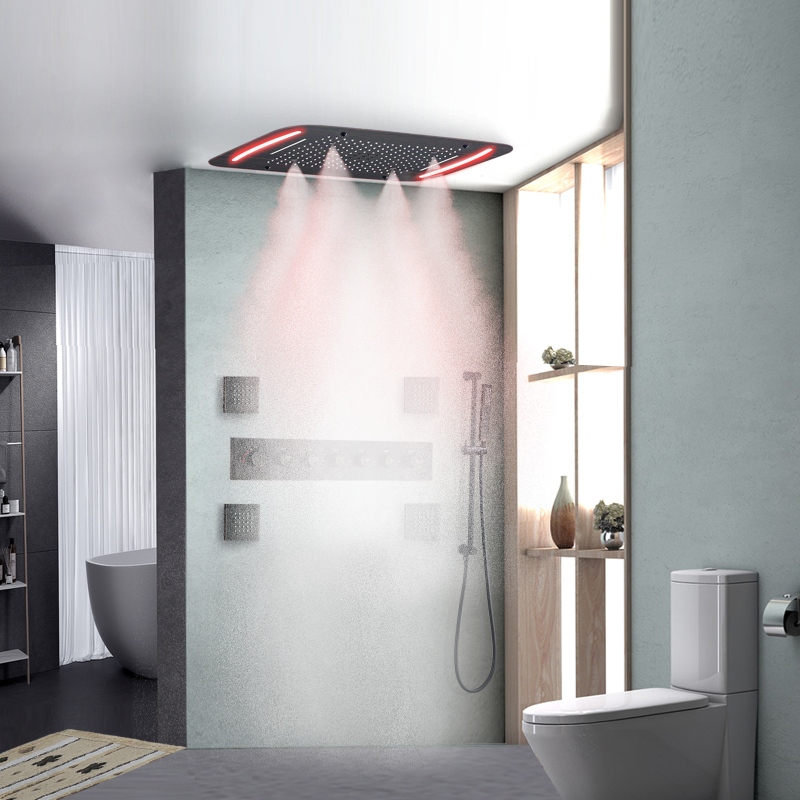 النفط مفروك البرونزية دش ثرموستاتي صنبور 71X43 سم الحمام الفاخرة LED تدليك هطول الأمطار رذاذ دش مجموعة