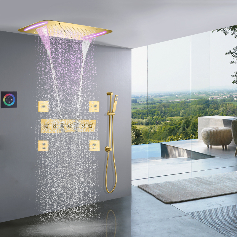 نحى الذهب حمام دش 71X43 سم LED الحمام الفاخرة ارتفاع تدفق دش ترموستاتي الأمطار أخفى نظام دش