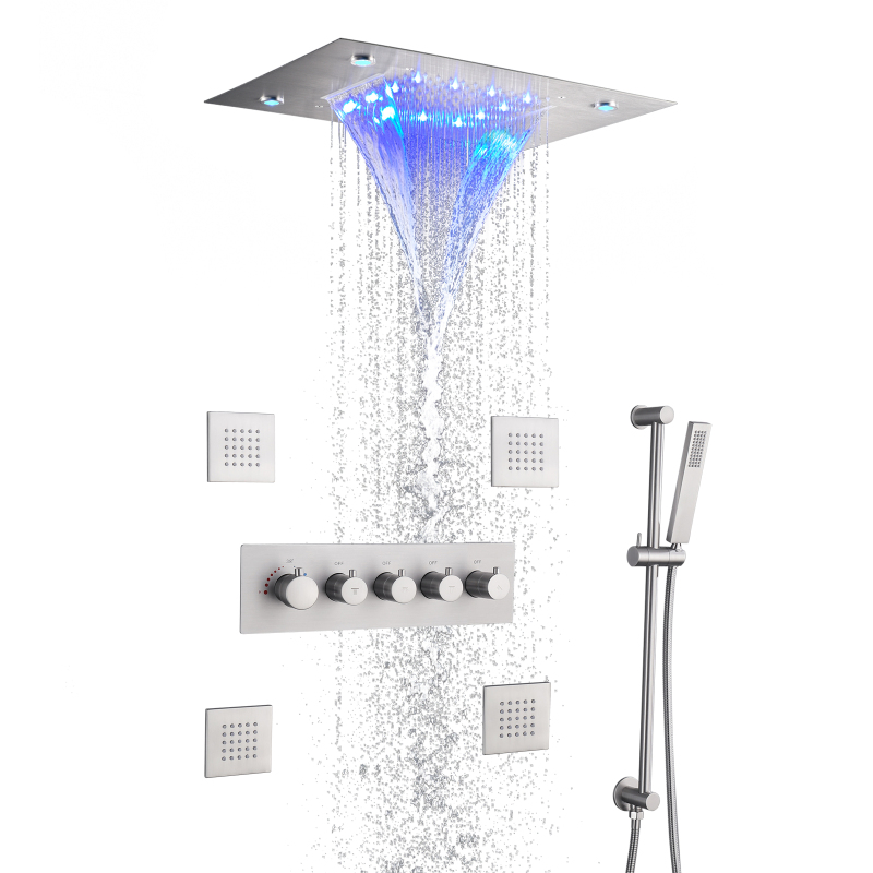إخفاء صنبور دش ثرموستاتي مجموعة 14 × 20 بوصة شلال ورأس دش سقف الأمطار مع أضواء LED اللون