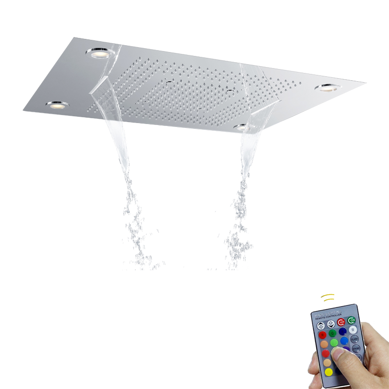 رأس دش الحمام متعدد الوظائف مقاس 80 × 60 سم من الكروم المصقول مع لوحة التحكم عن بعد LED وشلال المطر الفقاعي