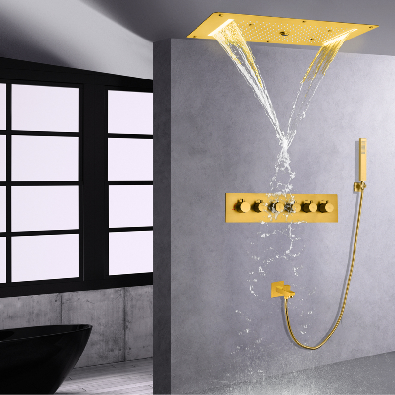 نظام صنبور حوض الاستحمام الذهبي المصقول ترموستاتي 700 × 380 مم رأس دش الحمام LED مع بخاخ محمول