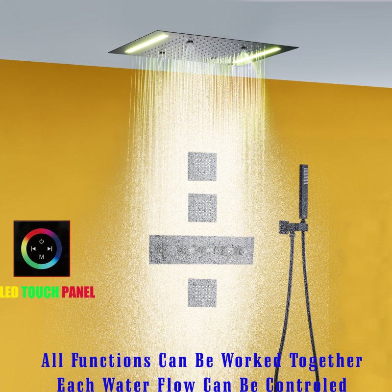 مجموعة كومبو للاستحمام باللون الأسود غير اللامع مقاس 14 × 20 بوصة رأس دش LED من النحاس دش ضباب ثرموستاتي