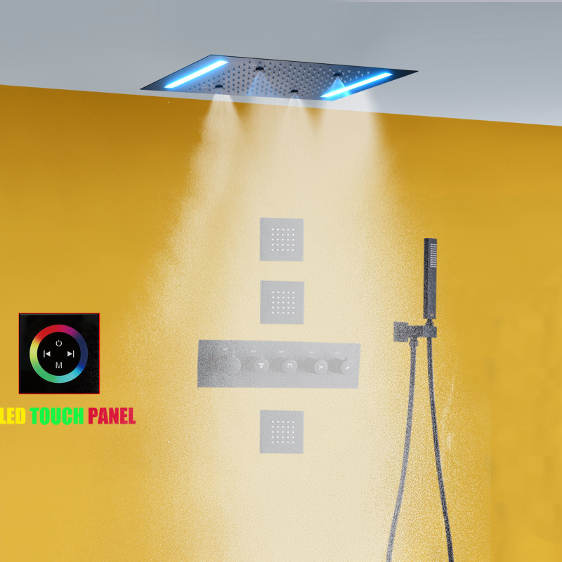 مجموعة كومبو للاستحمام باللون الأسود غير اللامع مقاس 14 × 20 بوصة رأس دش LED من النحاس دش ضباب ثرموستاتي
