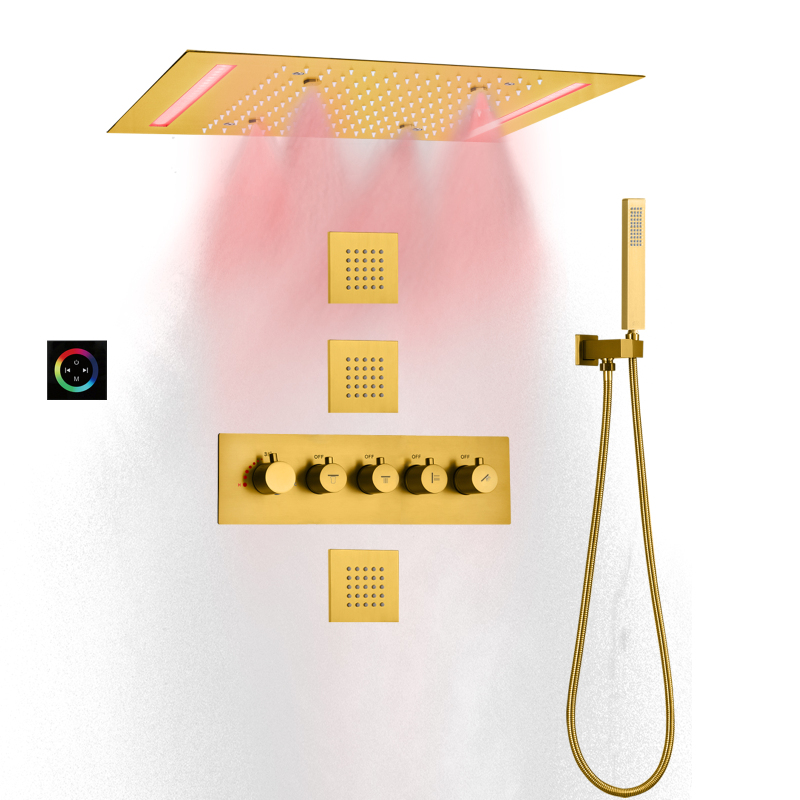 مجموعة نظام الدش LED باللون الذهبي المصقول مقاس 14 × 20 بوصة مجموعة دش هطول الأمطار للسقف ثرموستاتي