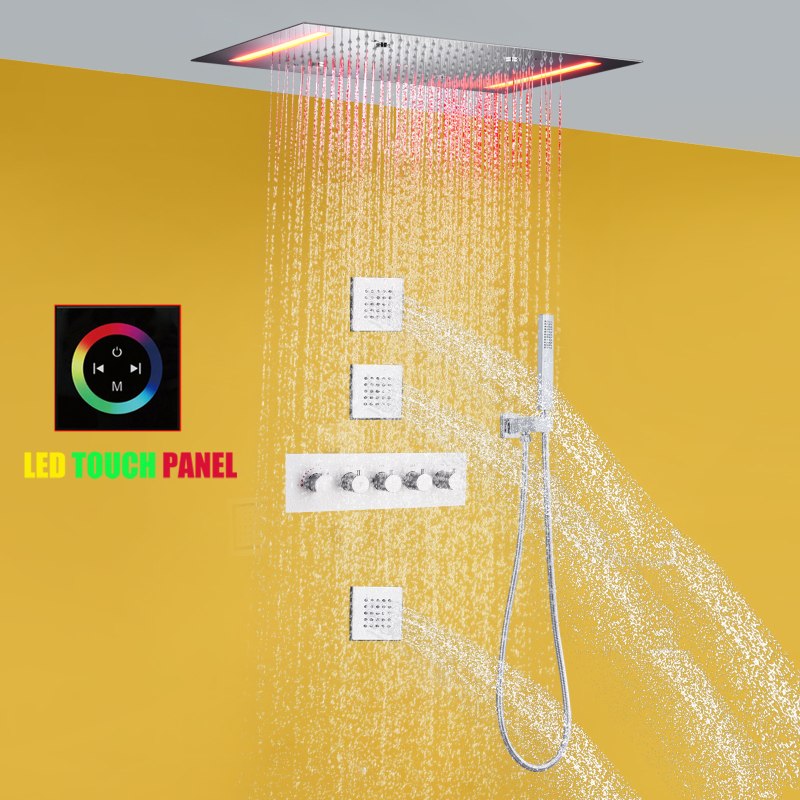 مجموعة رأس دش مطري للحمام من الكروم مقاس 14 × 20 بوصة LED دش ضباب ثرموستاتي للحمام